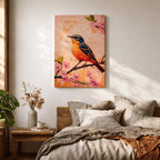 A vibrant painting of a bird perched on a branch adorned with pink blossoms. The artwork features detailed brushwork highlighting the bird's orange and blue feathers against a textured warm background. The composition emphasizes natural elements with a botanical theme, capturing a serene moment in nature.