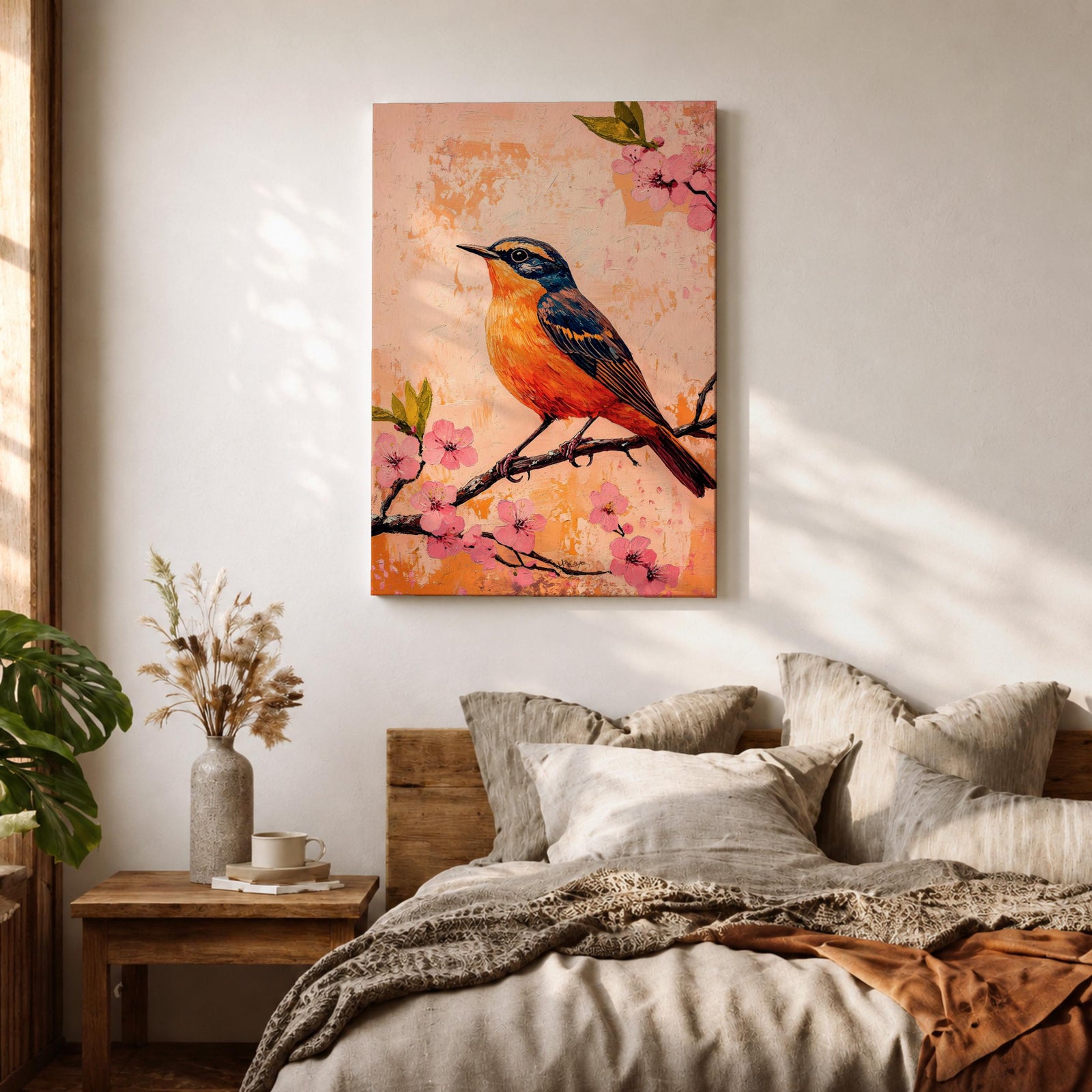 A vibrant painting of a bird perched on a branch adorned with pink blossoms. The artwork features detailed brushwork highlighting the bird's orange and blue feathers against a textured warm background. The composition emphasizes natural elements with a botanical theme, capturing a serene moment in nature.