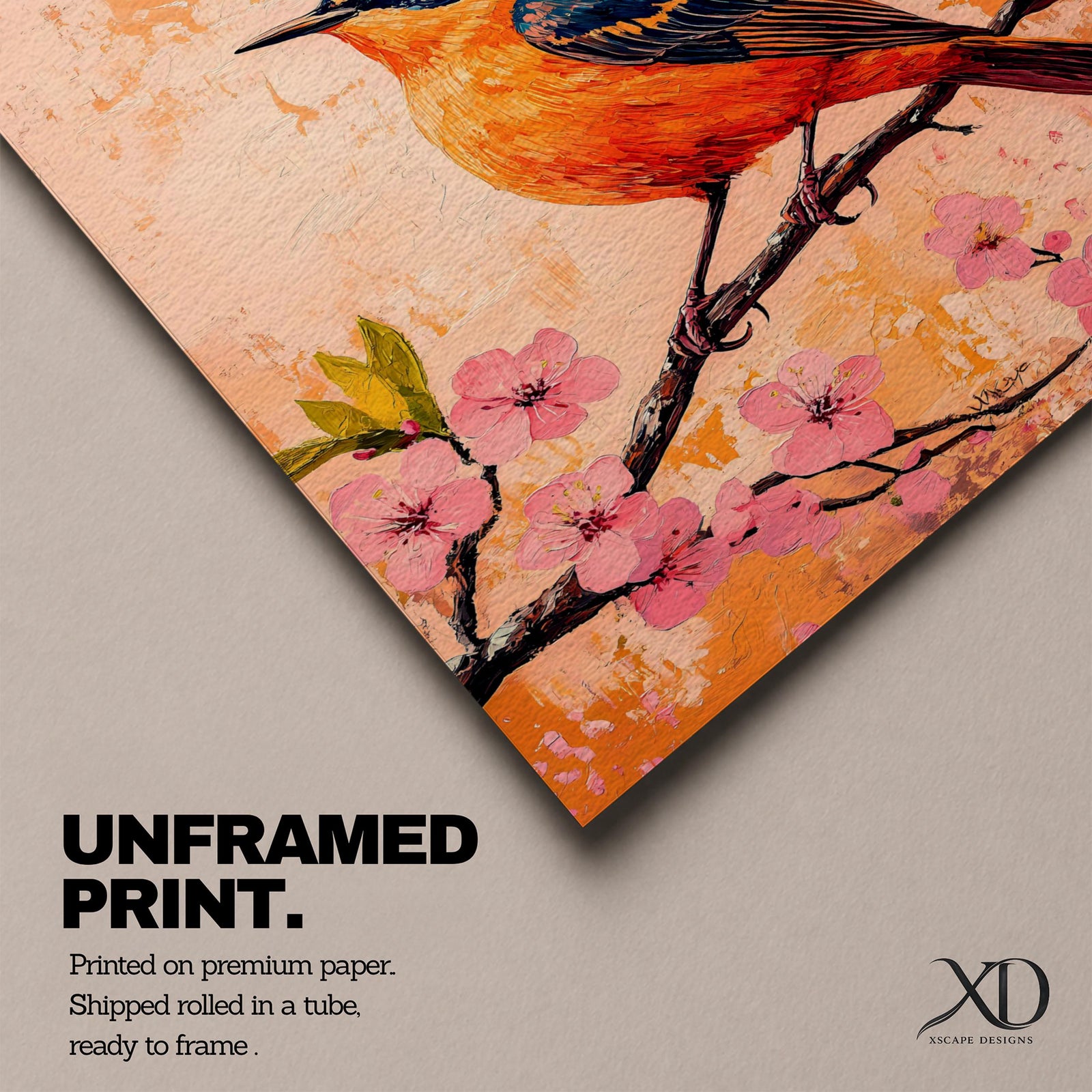 A vibrant painting of a bird perched on a branch adorned with pink blossoms. The artwork features detailed brushwork highlighting the bird's orange and blue feathers against a textured warm background. The composition emphasizes natural elements with a botanical theme, capturing a serene moment in nature.