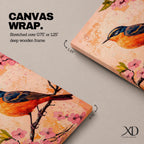 A vibrant painting of a bird perched on a branch adorned with pink blossoms. The artwork features detailed brushwork highlighting the bird's orange and blue feathers against a textured warm background. The composition emphasizes natural elements with a botanical theme, capturing a serene moment in nature.