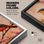 A vibrant painting of a bird perched on a branch adorned with pink blossoms. The artwork features detailed brushwork highlighting the bird's orange and blue feathers against a textured warm background. The composition emphasizes natural elements with a botanical theme, capturing a serene moment in nature.