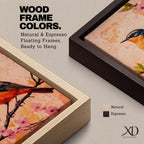 A vibrant painting of a bird perched on a branch adorned with pink blossoms. The artwork features detailed brushwork highlighting the bird's orange and blue feathers against a textured warm background. The composition emphasizes natural elements with a botanical theme, capturing a serene moment in nature.