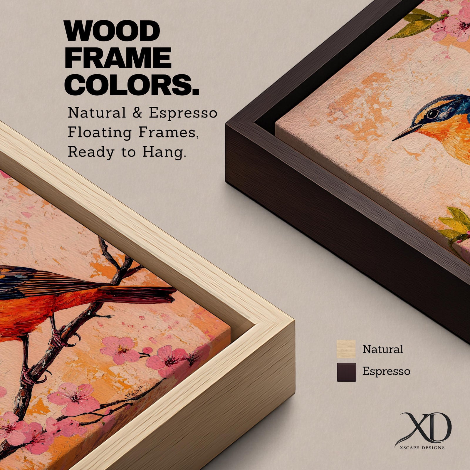 A vibrant painting of a bird perched on a branch adorned with pink blossoms. The artwork features detailed brushwork highlighting the bird's orange and blue feathers against a textured warm background. The composition emphasizes natural elements with a botanical theme, capturing a serene moment in nature.