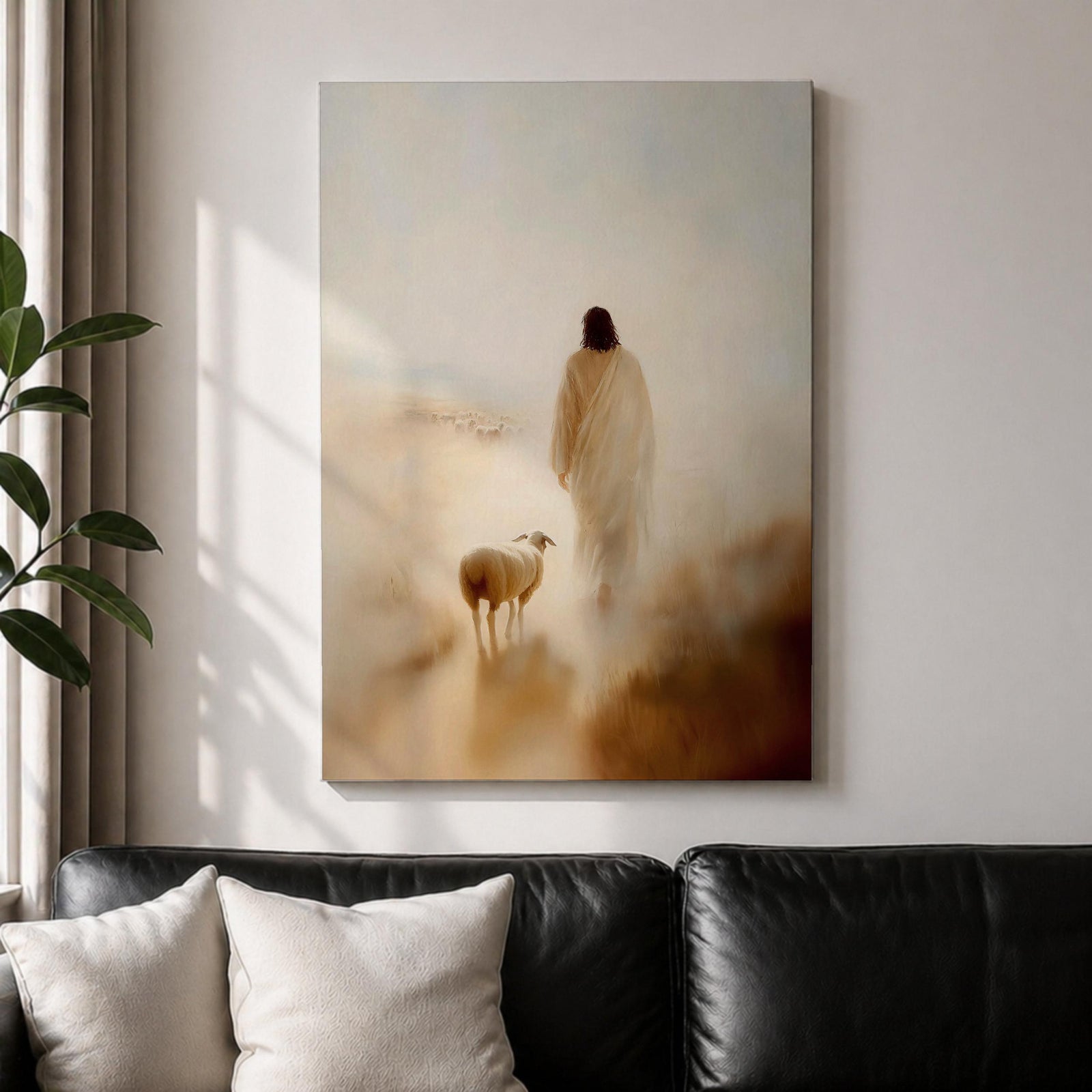 A vintage-style framed canvas artwork depicting Jesus the Good Shepherd walking alongside a sheep in a misty, serene landscape. The figure is shown from behind, dressed in flowing robes, with soft, muted tones and a classic, timeless visual style.