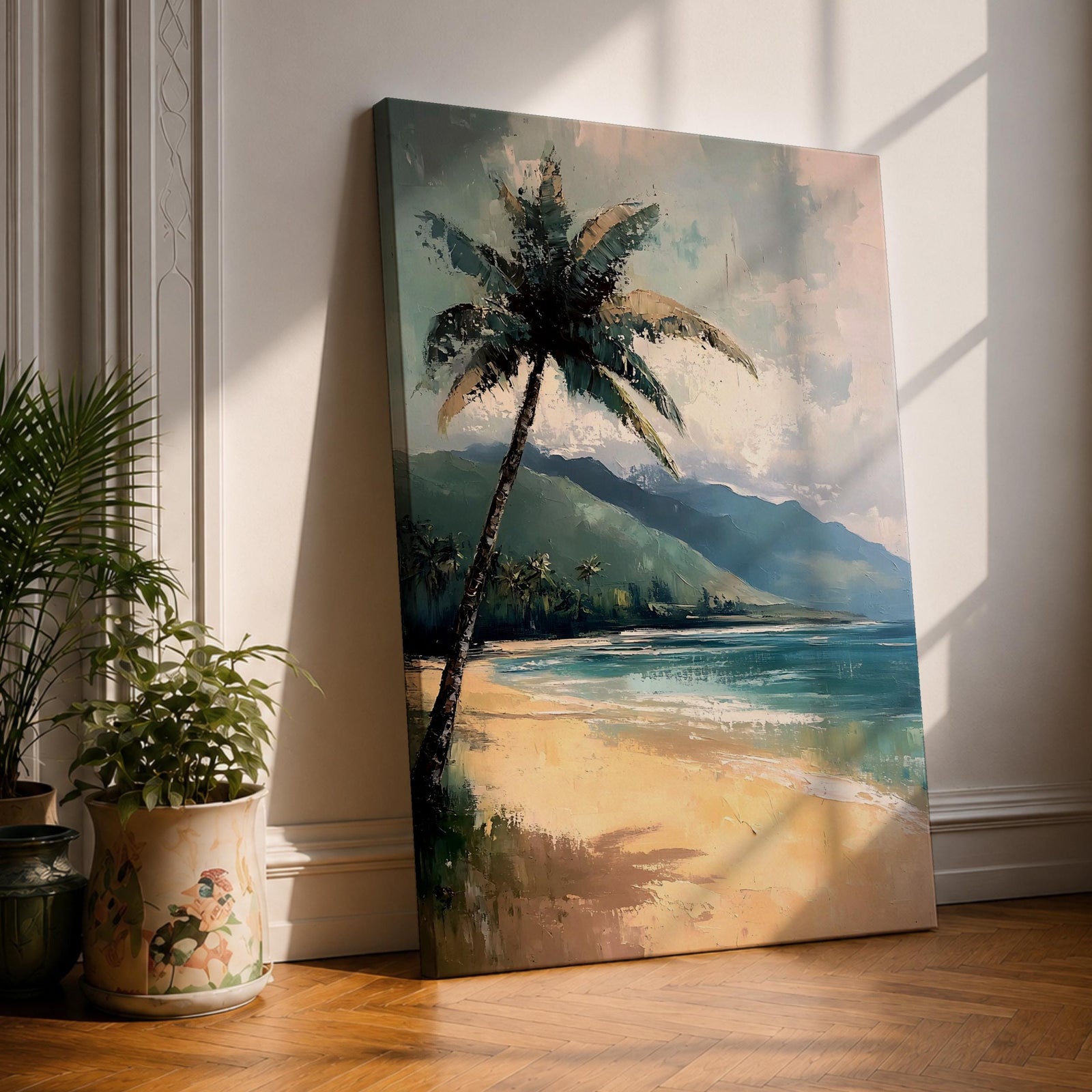 A framed canvas painting depicting a tropical beach scene with a prominent palm tree leaning over sandy shores. The artwork features distant mountains and a calm sea under a cloudy sky, rendered in a vintage style with textured brushstrokes emphasizing natural landscape elements.