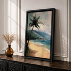 A framed canvas painting depicting a tropical beach scene with a prominent palm tree leaning over sandy shores. The artwork features distant mountains and a calm sea under a cloudy sky, rendered in a vintage style with textured brushstrokes emphasizing natural landscape elements.