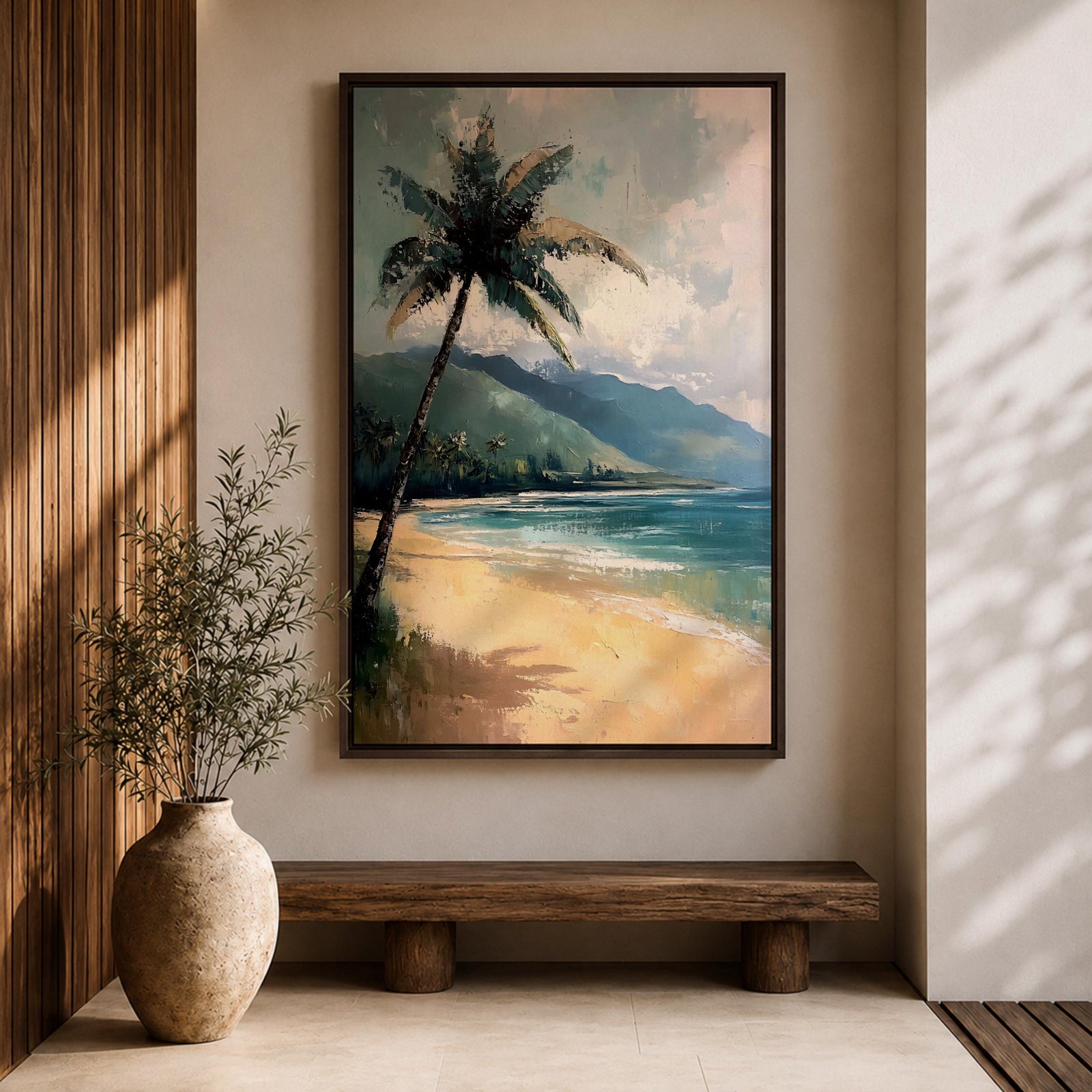 A framed canvas painting depicting a tropical beach scene with a prominent palm tree leaning over sandy shores. The artwork features distant mountains and a calm sea under a cloudy sky, rendered in a vintage style with textured brushstrokes emphasizing natural landscape elements.