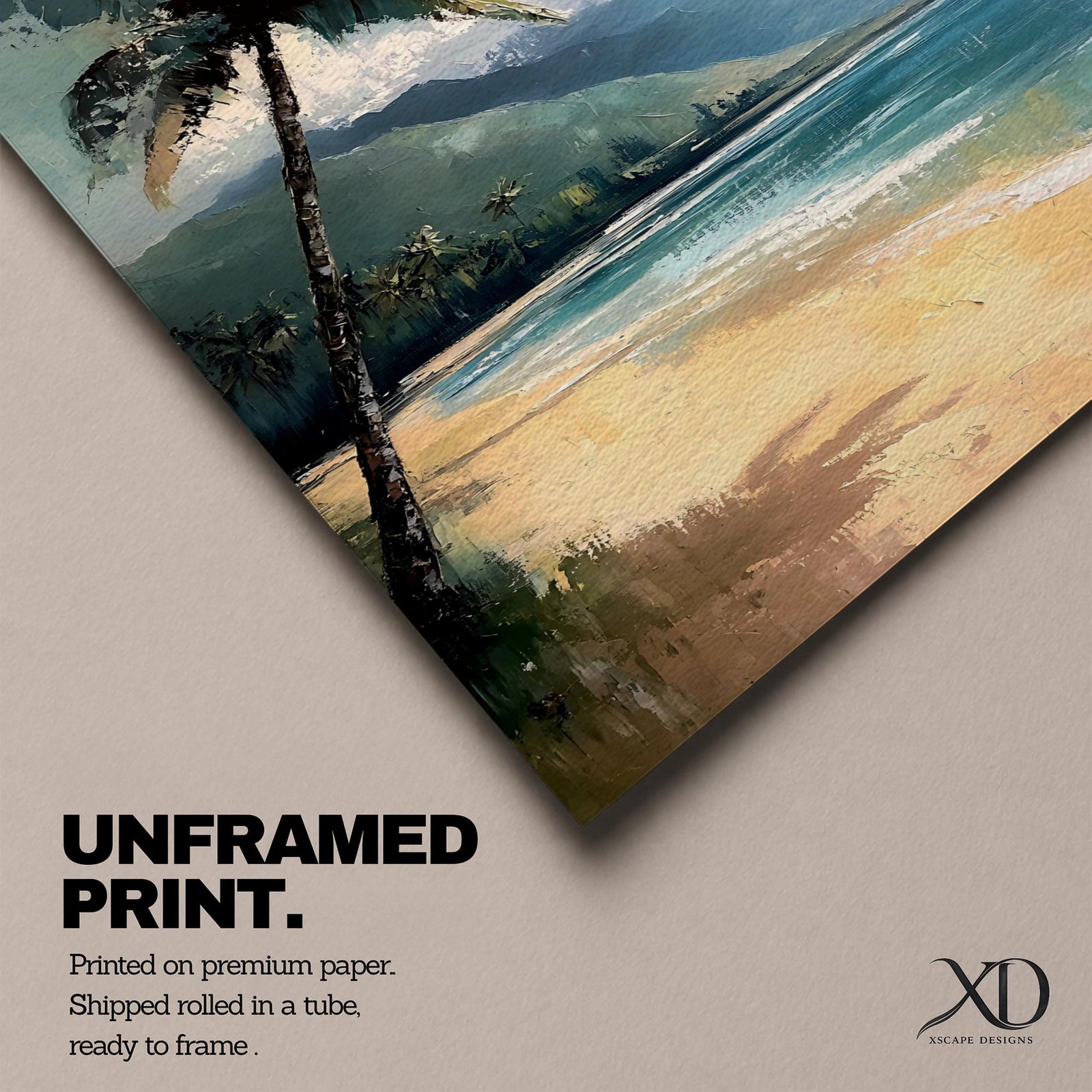 A framed canvas painting depicting a tropical beach scene with a prominent palm tree leaning over sandy shores. The artwork features distant mountains and a calm sea under a cloudy sky, rendered in a vintage style with textured brushstrokes emphasizing natural landscape elements.