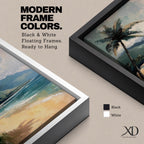 A framed canvas painting depicting a tropical beach scene with a prominent palm tree leaning over sandy shores. The artwork features distant mountains and a calm sea under a cloudy sky, rendered in a vintage style with textured brushstrokes emphasizing natural landscape elements.