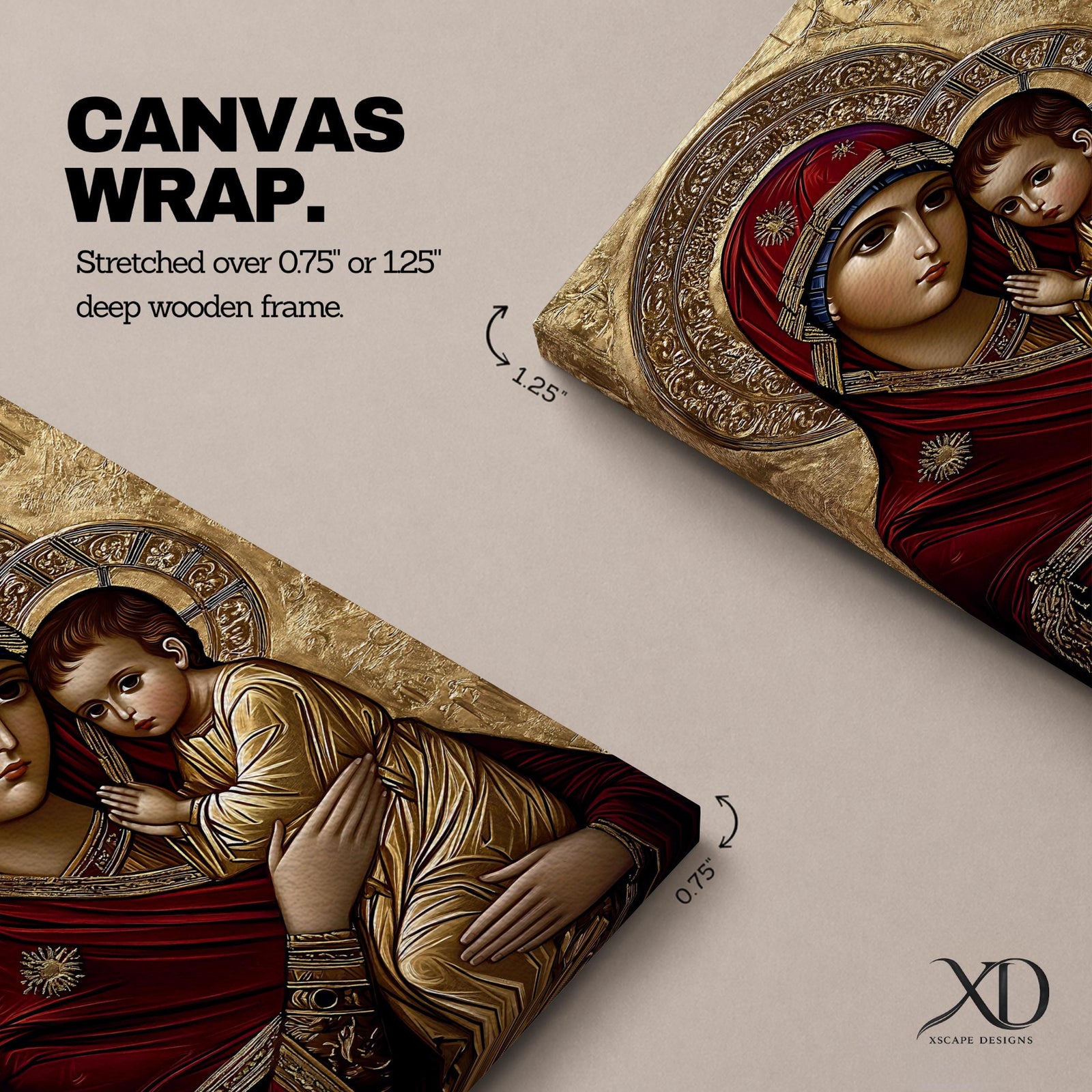 A detailed icon of Virgin Mary holding the Child Jesus, featuring traditional Orthodox Christian style with gold halos and intricate robes, framed in an ornate black frame, emphasizing the sacred bond between mother and child in a classic Christian iconographic composition.