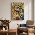 A mosaic-style framed canvas depicting the Virgin Mary with hands clasped in prayer and eyes closed, wearing a blue mantle and golden halo, composed of small colored tiles forming a detailed religious portrait in a mosaic art style.