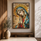 A mosaic-style framed canvas depicting the Virgin Mary with hands clasped in prayer and eyes closed, wearing a blue mantle and golden halo, composed of small colored tiles forming a detailed religious portrait in a mosaic art style.