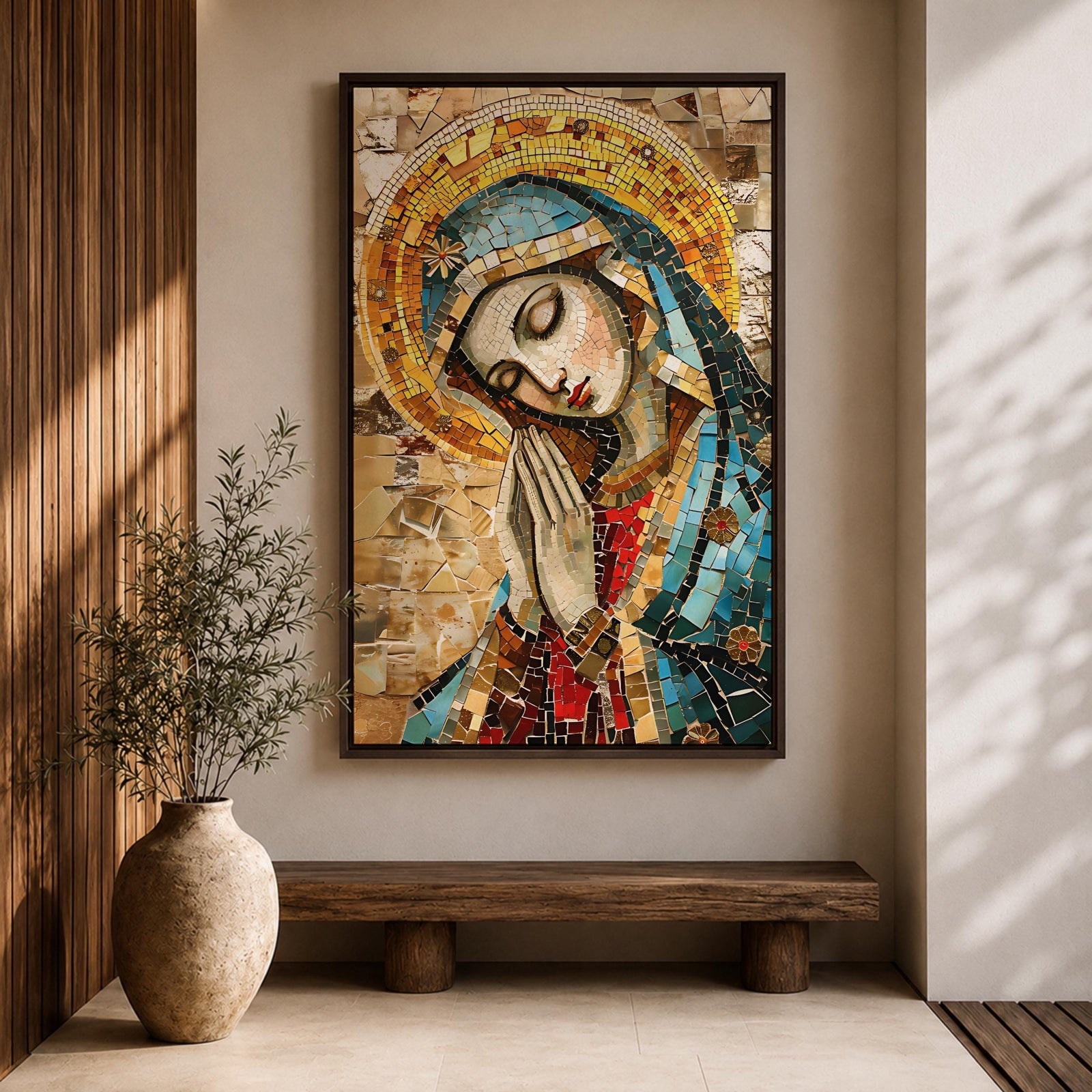 A mosaic-style framed canvas depicting the Virgin Mary with hands clasped in prayer and eyes closed, wearing a blue mantle and golden halo, composed of small colored tiles forming a detailed religious portrait in a mosaic art style.