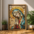 A mosaic-style framed canvas depicting the Virgin Mary with hands clasped in prayer and eyes closed, wearing a blue mantle and golden halo, composed of small colored tiles forming a detailed religious portrait in a mosaic art style.
