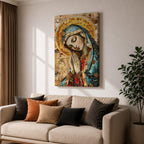 A mosaic-style framed canvas depicting the Virgin Mary with hands clasped in prayer and eyes closed, wearing a blue mantle and golden halo, composed of small colored tiles forming a detailed religious portrait in a mosaic art style.