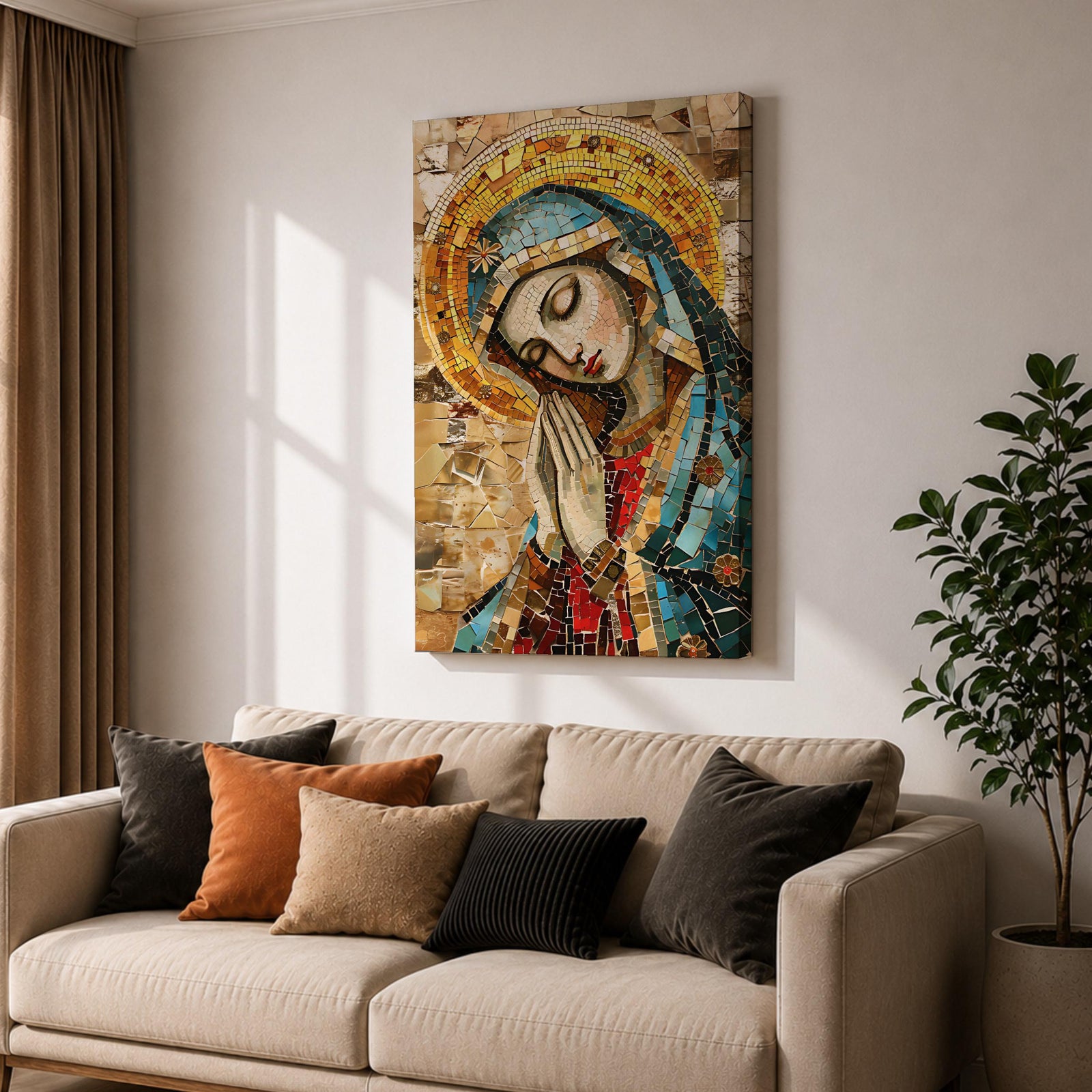 A mosaic-style framed canvas depicting the Virgin Mary with hands clasped in prayer and eyes closed, wearing a blue mantle and golden halo, composed of small colored tiles forming a detailed religious portrait in a mosaic art style.