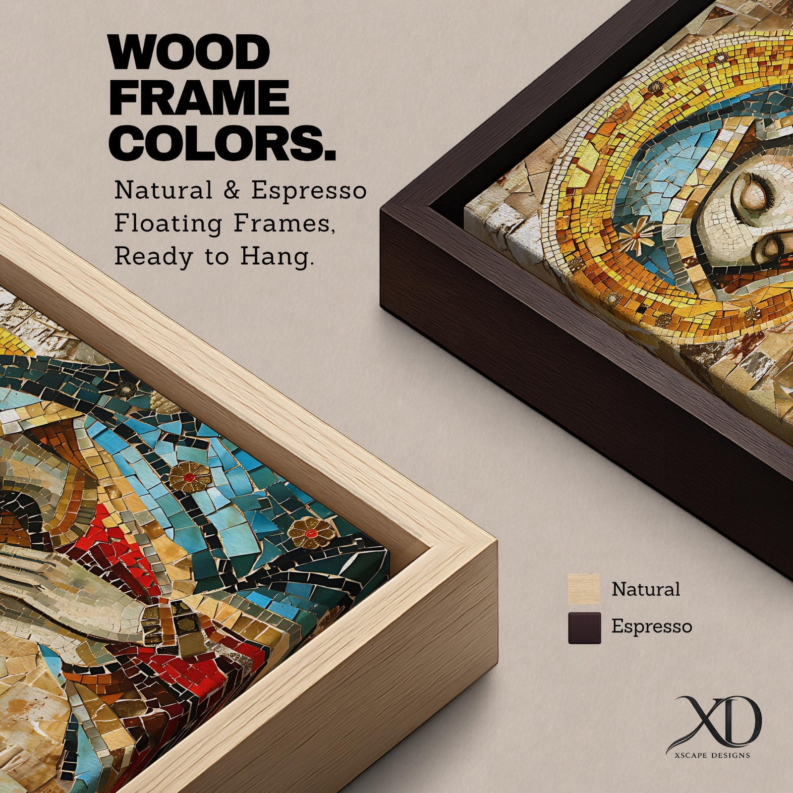 A mosaic-style framed canvas depicting the Virgin Mary with hands clasped in prayer and eyes closed, wearing a blue mantle and golden halo, composed of small colored tiles forming a detailed religious portrait in a mosaic art style.