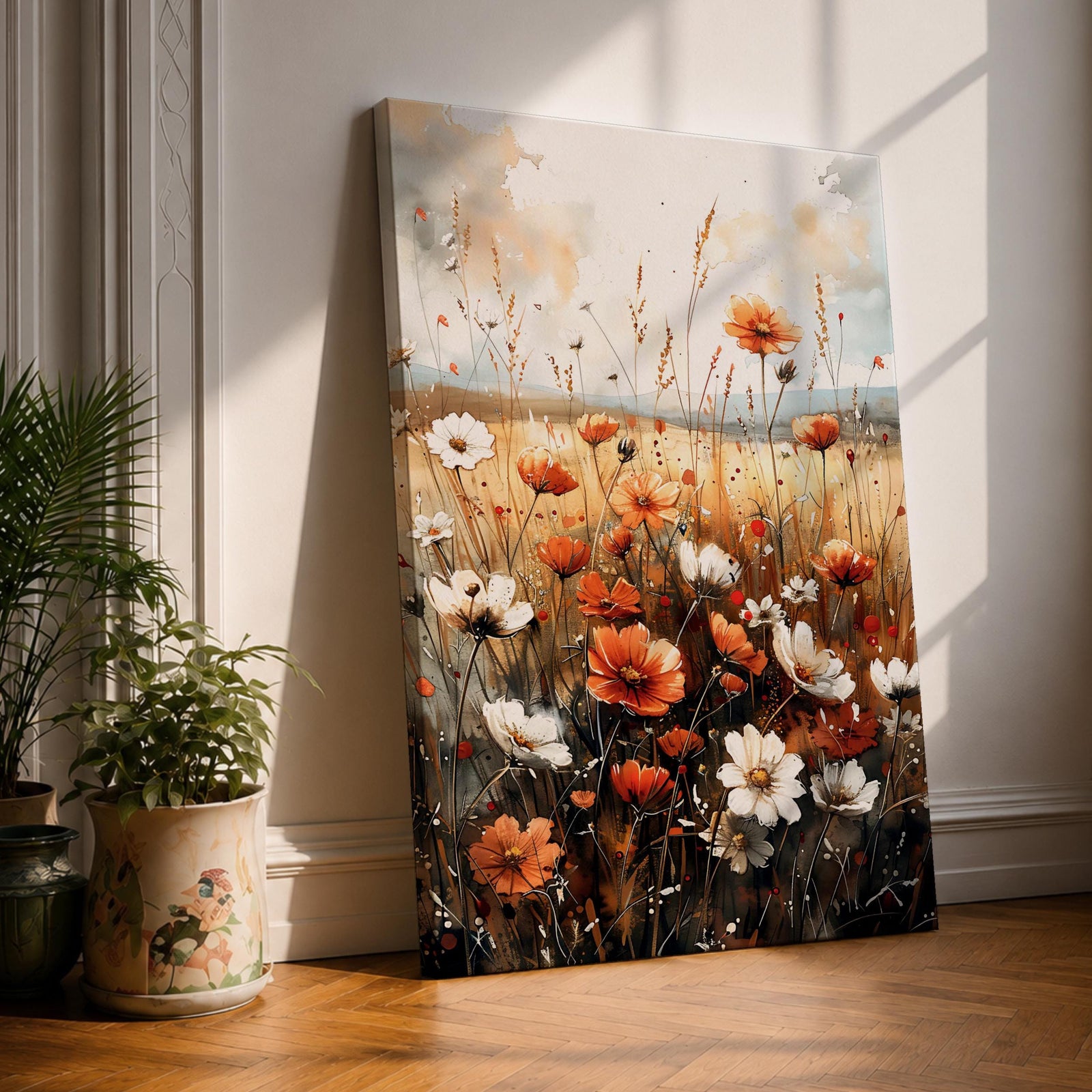 A framed canvas print depicting a field of wildflowers with white and orange blossoms set against a muted natural background. The artwork captures detailed botanical elements with delicate stems and petals, evoking a rustic and natural atmosphere through a vintage-inspired style.