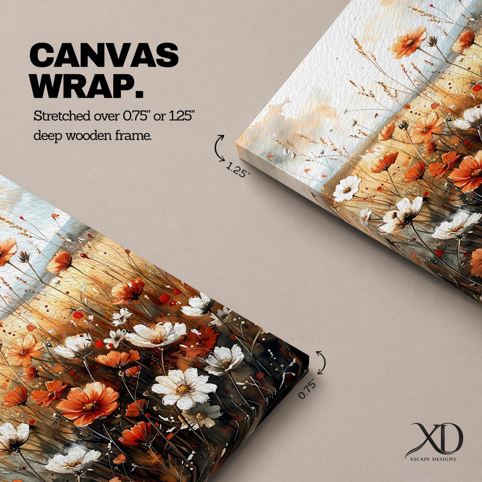 A framed canvas print depicting a field of wildflowers with white and orange blossoms set against a muted natural background. The artwork captures detailed botanical elements with delicate stems and petals, evoking a rustic and natural atmosphere through a vintage-inspired style.