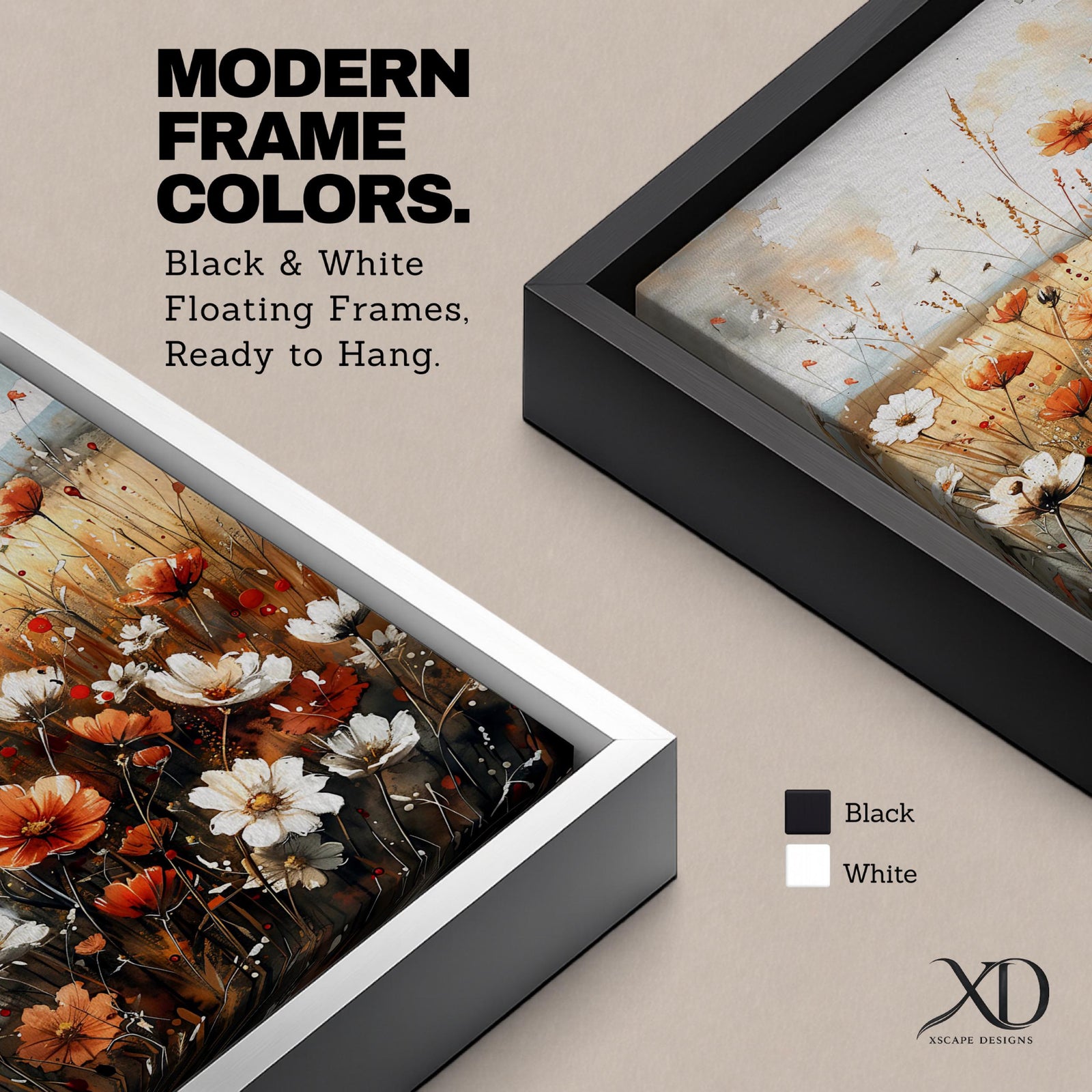 A framed canvas print depicting a field of wildflowers with white and orange blossoms set against a muted natural background. The artwork captures detailed botanical elements with delicate stems and petals, evoking a rustic and natural atmosphere through a vintage-inspired style.