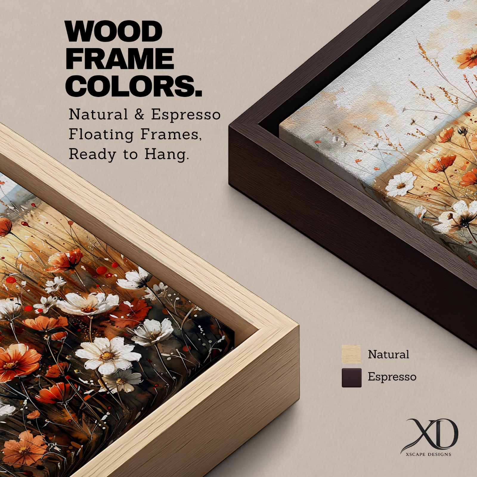 A framed canvas print depicting a field of wildflowers with white and orange blossoms set against a muted natural background. The artwork captures detailed botanical elements with delicate stems and petals, evoking a rustic and natural atmosphere through a vintage-inspired style.