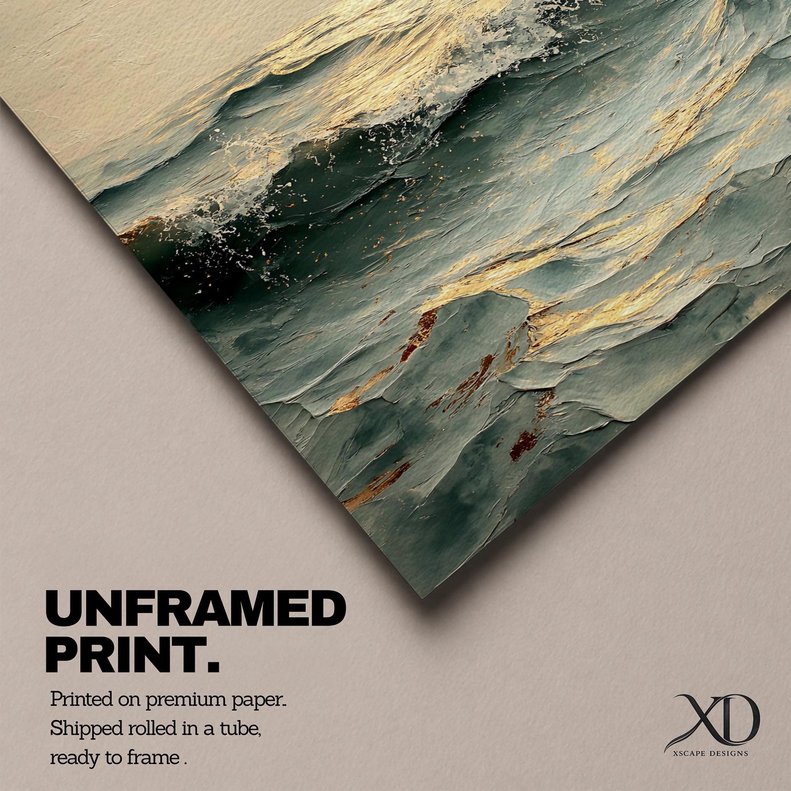 A framed canvas artwork depicting ocean waves under a large glowing sun, rendered in a vintage style with textured brushstrokes capturing the dynamic movement of the sea and the warm light reflecting on the water’s surface.
