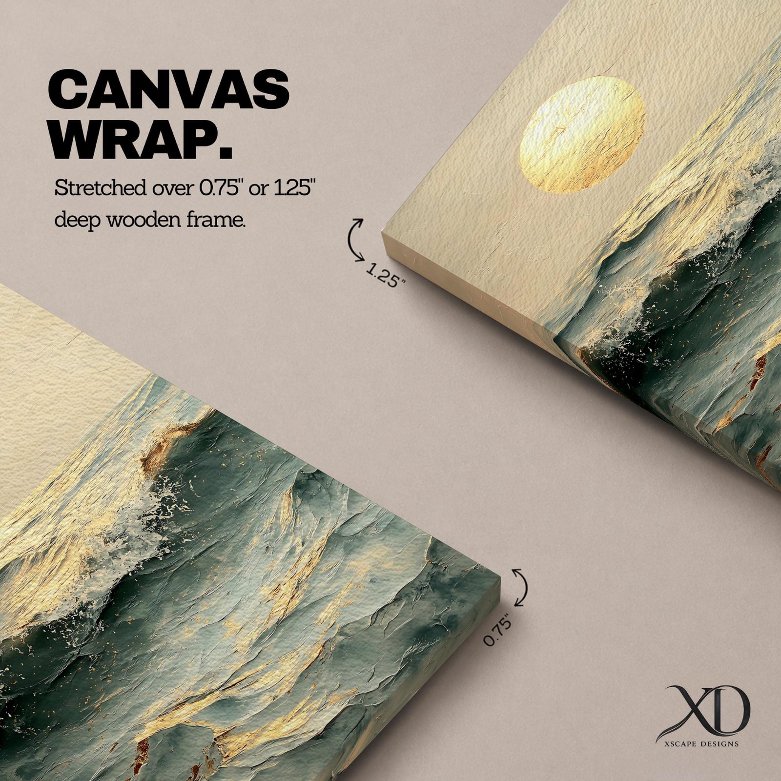 A framed canvas artwork depicting ocean waves under a large glowing sun, rendered in a vintage style with textured brushstrokes capturing the dynamic movement of the sea and the warm light reflecting on the water’s surface.