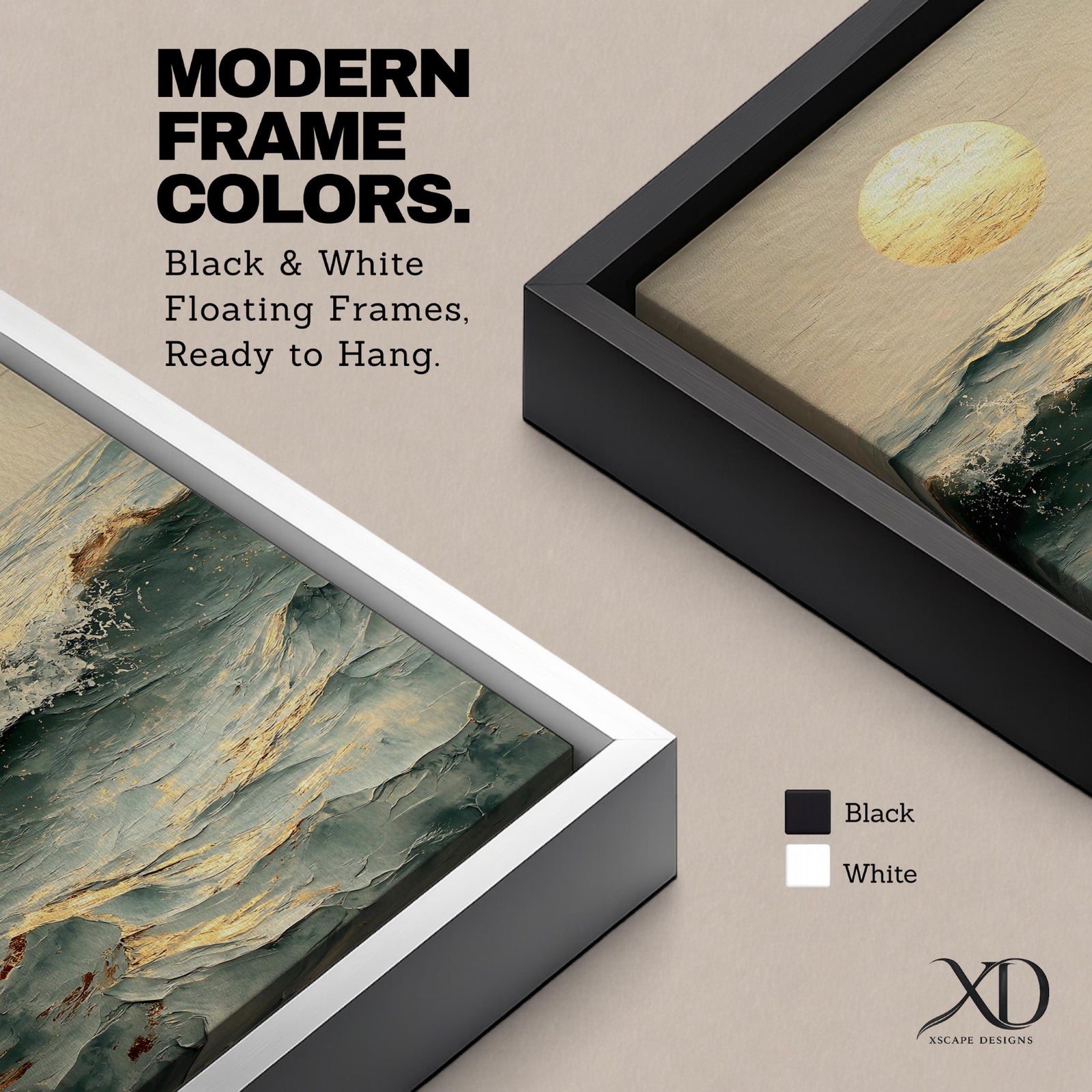 A framed canvas artwork depicting ocean waves under a large glowing sun, rendered in a vintage style with textured brushstrokes capturing the dynamic movement of the sea and the warm light reflecting on the water’s surface.