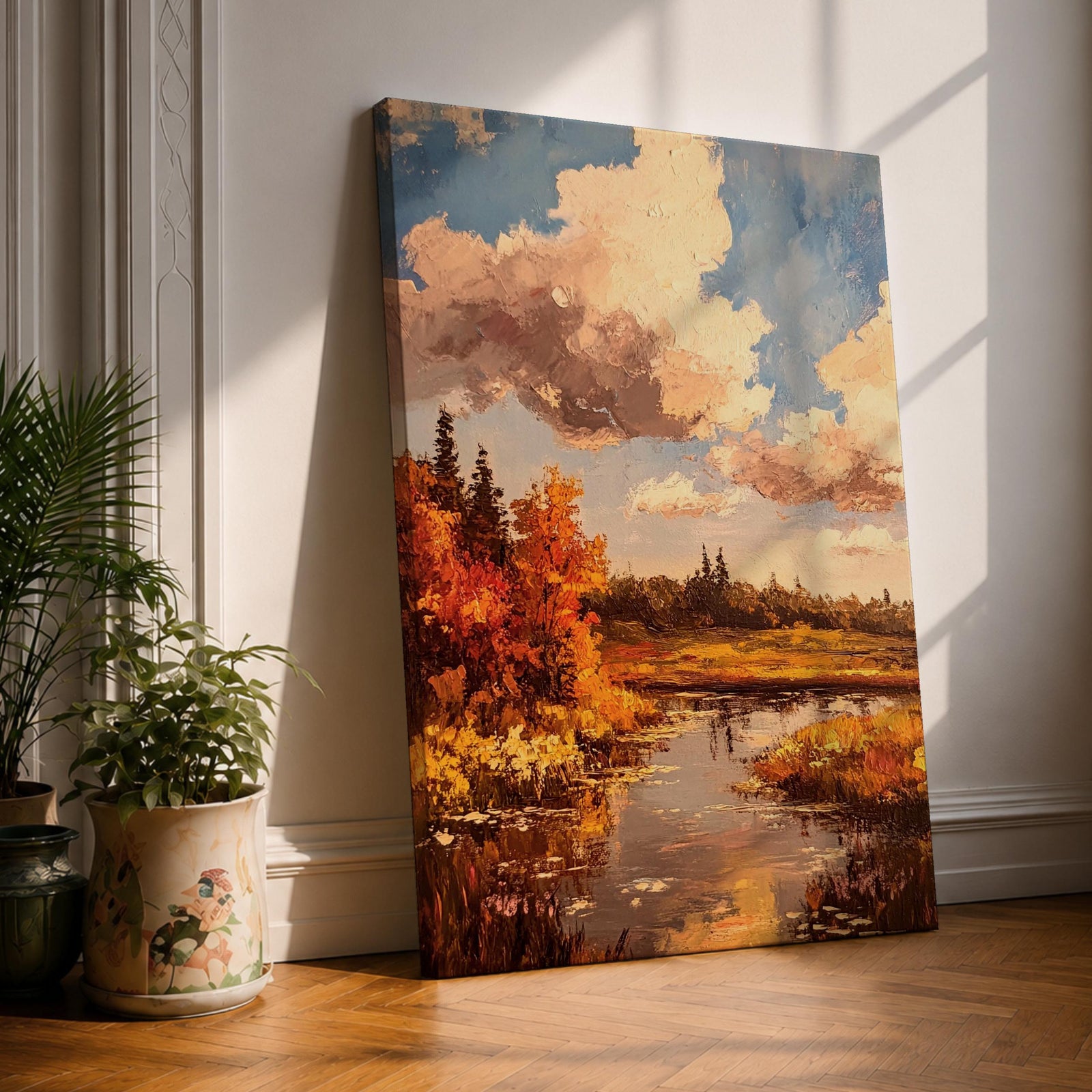 A framed impasto style painting depicting an autumn landscape with a river flowing through vibrant fall foliage and trees under a partly cloudy sky, rendered with textured brushstrokes emphasizing the rustic natural scene.