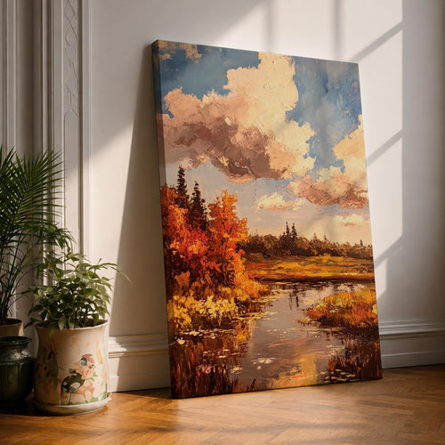 A framed impasto style painting depicting an autumn landscape with a river flowing through vibrant fall foliage and trees under a partly cloudy sky, rendered with textured brushstrokes emphasizing the rustic natural scene.