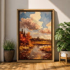 A framed impasto style painting depicting an autumn landscape with a river flowing through vibrant fall foliage and trees under a partly cloudy sky, rendered with textured brushstrokes emphasizing the rustic natural scene.