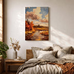 A framed impasto style painting depicting an autumn landscape with a river flowing through vibrant fall foliage and trees under a partly cloudy sky, rendered with textured brushstrokes emphasizing the rustic natural scene.