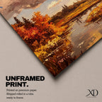 A framed impasto style painting depicting an autumn landscape with a river flowing through vibrant fall foliage and trees under a partly cloudy sky, rendered with textured brushstrokes emphasizing the rustic natural scene.