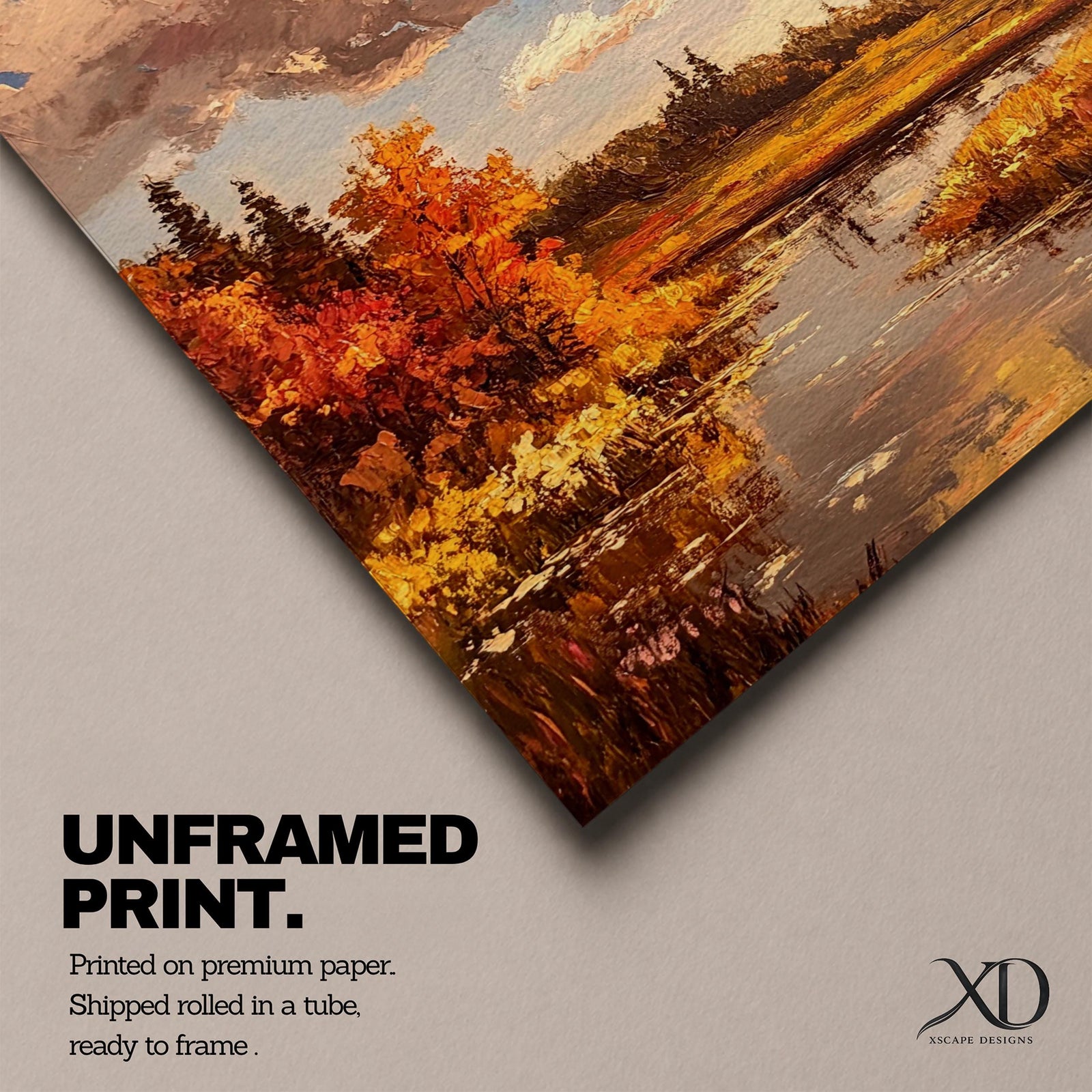 A framed impasto style painting depicting an autumn landscape with a river flowing through vibrant fall foliage and trees under a partly cloudy sky, rendered with textured brushstrokes emphasizing the rustic natural scene.