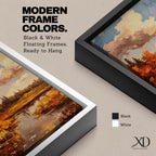 A framed impasto style painting depicting an autumn landscape with a river flowing through vibrant fall foliage and trees under a partly cloudy sky, rendered with textured brushstrokes emphasizing the rustic natural scene.