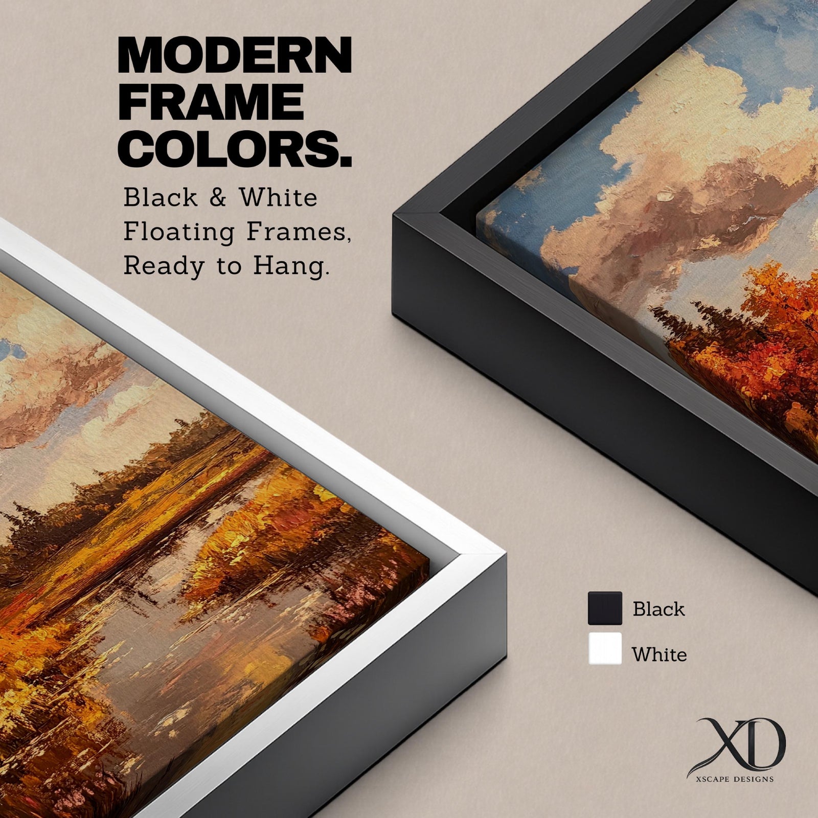 A framed impasto style painting depicting an autumn landscape with a river flowing through vibrant fall foliage and trees under a partly cloudy sky, rendered with textured brushstrokes emphasizing the rustic natural scene.