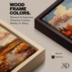 A framed impasto style painting depicting an autumn landscape with a river flowing through vibrant fall foliage and trees under a partly cloudy sky, rendered with textured brushstrokes emphasizing the rustic natural scene.