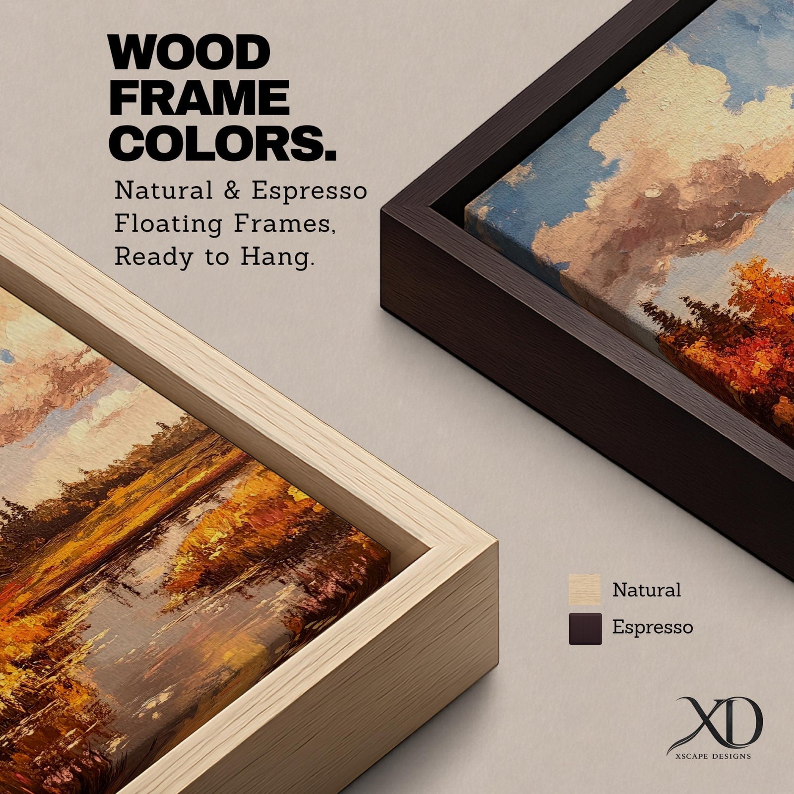 A framed impasto style painting depicting an autumn landscape with a river flowing through vibrant fall foliage and trees under a partly cloudy sky, rendered with textured brushstrokes emphasizing the rustic natural scene.
