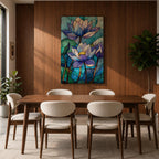 A stained glass style artwork depicting three lotus flowers with detailed petals in shades of blue and purple, set against a mosaic background of green and teal glass pieces, emphasizing the floral subject with a vibrant and intricate mosaic composition.