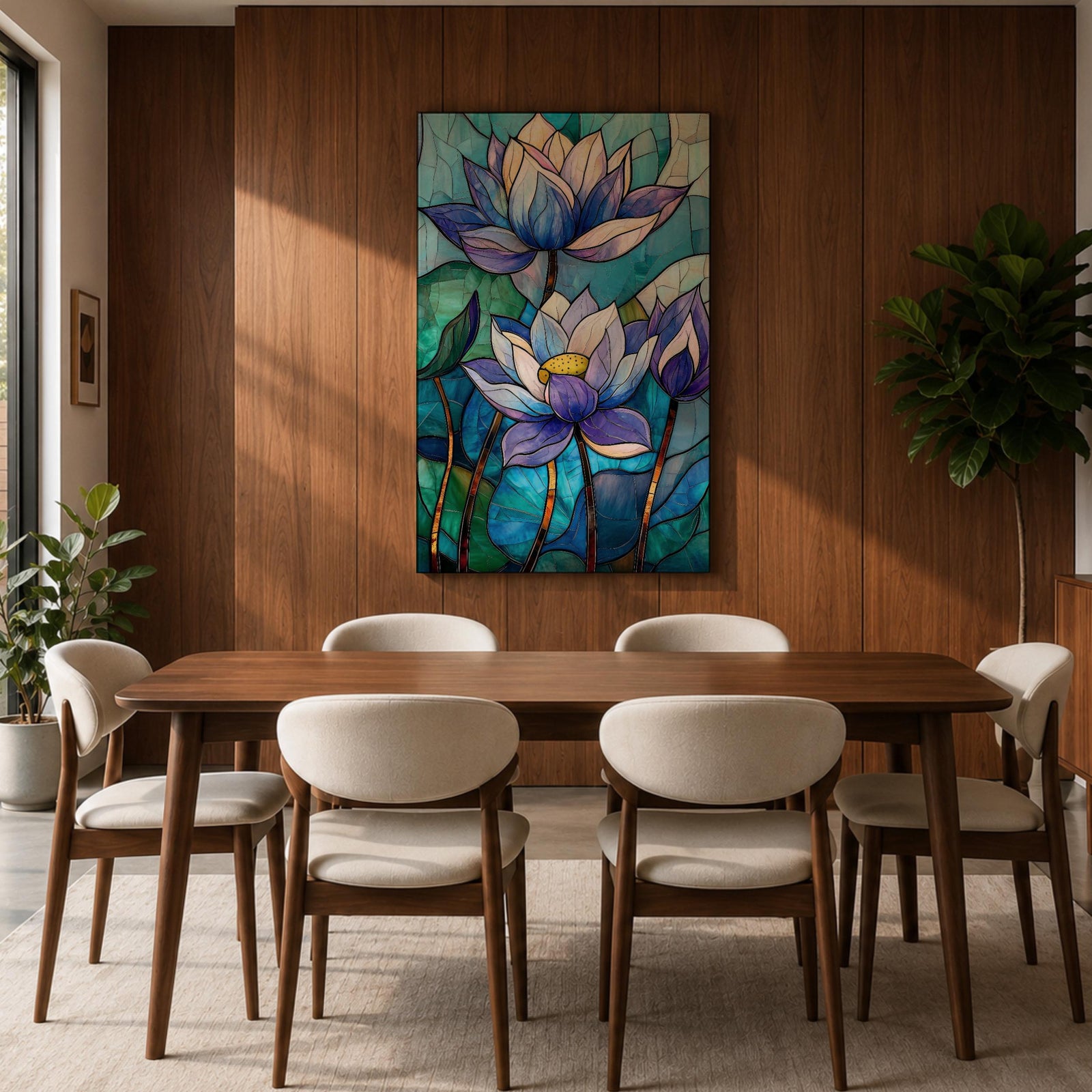 A stained glass style artwork depicting three lotus flowers with detailed petals in shades of blue and purple, set against a mosaic background of green and teal glass pieces, emphasizing the floral subject with a vibrant and intricate mosaic composition.