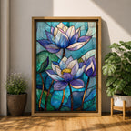 A stained glass style artwork depicting three lotus flowers with detailed petals in shades of blue and purple, set against a mosaic background of green and teal glass pieces, emphasizing the floral subject with a vibrant and intricate mosaic composition.