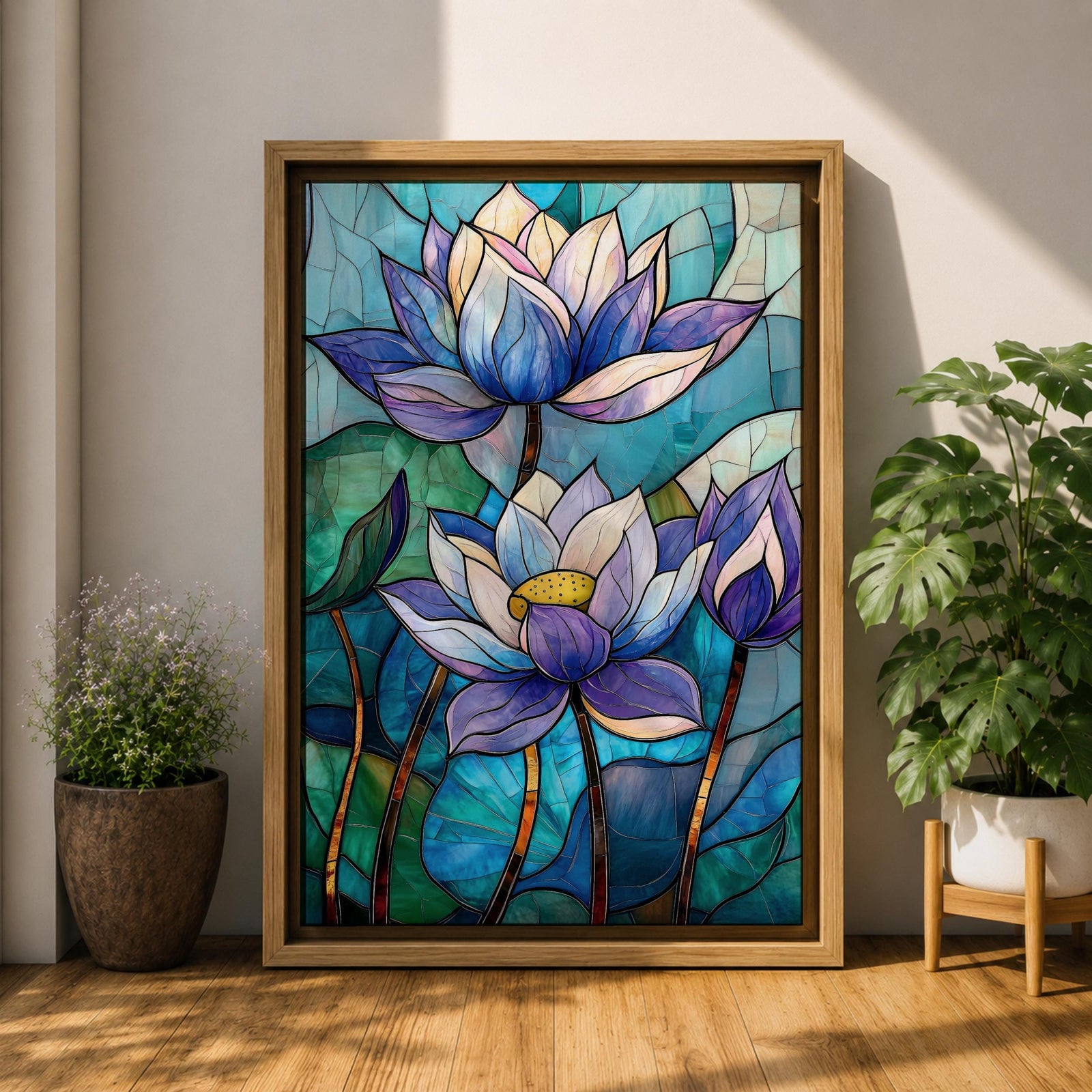 A stained glass style artwork depicting three lotus flowers with detailed petals in shades of blue and purple, set against a mosaic background of green and teal glass pieces, emphasizing the floral subject with a vibrant and intricate mosaic composition.