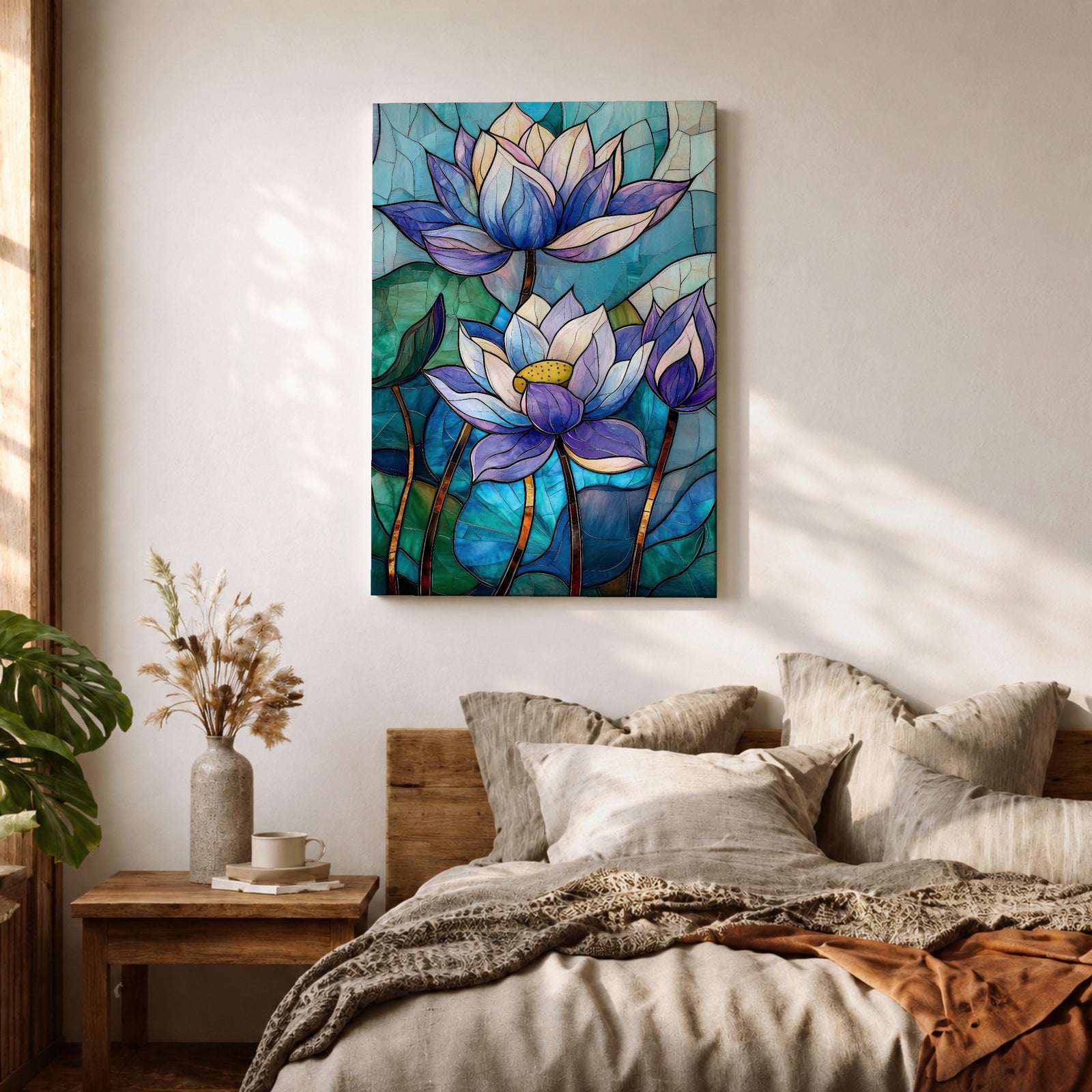 A stained glass style artwork depicting three lotus flowers with detailed petals in shades of blue and purple, set against a mosaic background of green and teal glass pieces, emphasizing the floral subject with a vibrant and intricate mosaic composition.