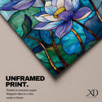 A stained glass style artwork depicting three lotus flowers with detailed petals in shades of blue and purple, set against a mosaic background of green and teal glass pieces, emphasizing the floral subject with a vibrant and intricate mosaic composition.