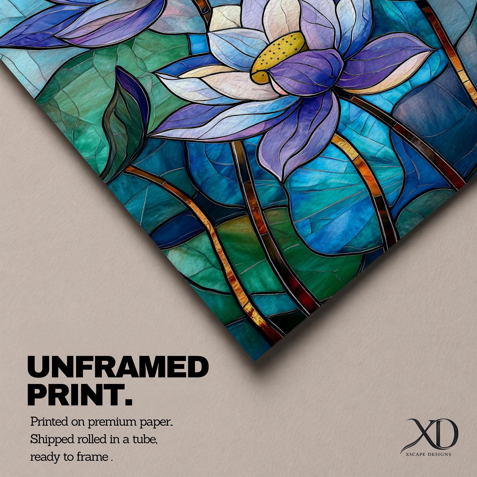 A stained glass style artwork depicting three lotus flowers with detailed petals in shades of blue and purple, set against a mosaic background of green and teal glass pieces, emphasizing the floral subject with a vibrant and intricate mosaic composition.