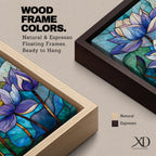 A stained glass style artwork depicting three lotus flowers with detailed petals in shades of blue and purple, set against a mosaic background of green and teal glass pieces, emphasizing the floral subject with a vibrant and intricate mosaic composition.