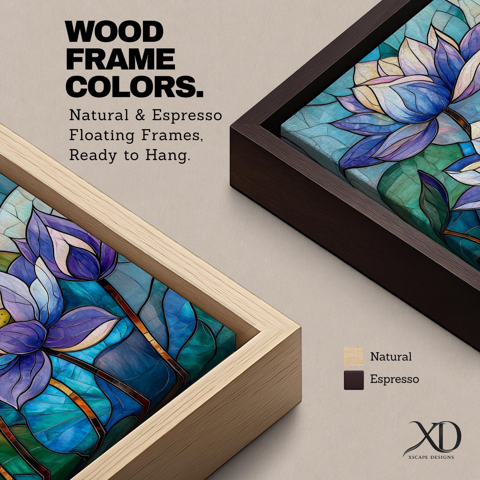 A stained glass style artwork depicting three lotus flowers with detailed petals in shades of blue and purple, set against a mosaic background of green and teal glass pieces, emphasizing the floral subject with a vibrant and intricate mosaic composition.