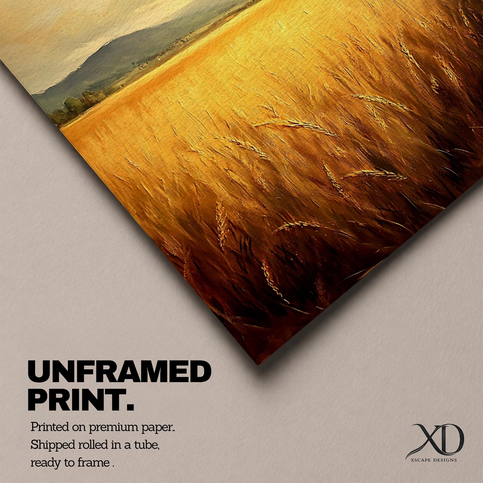 A framed canvas painting depicting a golden wheat field stretching across the foreground with distant hills and trees under a soft sky. The artwork features a vintage style with warm tones and textured brushstrokes emphasizing the natural landscape.