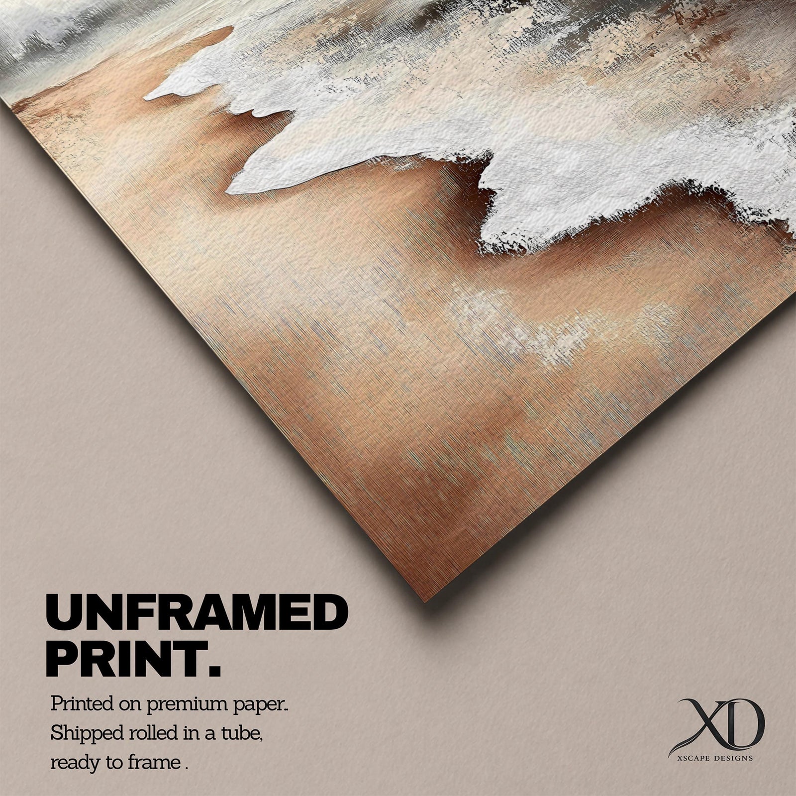 A framed canvas painting of a coastal seascape depicting waves gently washing onto a sandy beach under a cloudy sky. The artwork captures the natural landscape with realistic textures and muted tones, emphasizing the ocean shore and shoreline details in a classic style.