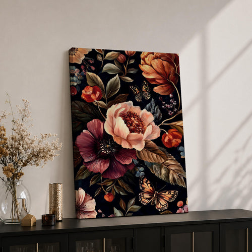 A detailed vintage-style floral artwork featuring large blooming flowers and butterflies on a dark background. The composition highlights intricate petals and leaves with a classic botanical aesthetic, rendered in rich, muted tones that emphasize the natural beauty and delicate textures of the flowers and insects.